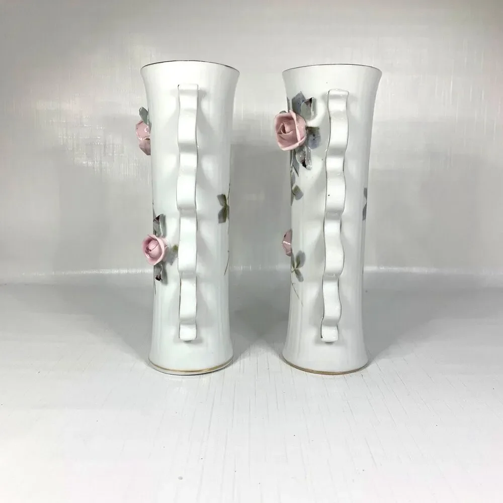 Vintage 1950s Cottagecore Porcelain Vases Shabby Decor Feminine Roses Set of 2